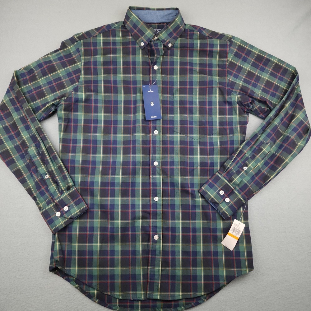IZOD Shirt Mens Small Green Plaid Long Sleeve Button Down Holiday Stretch NWT - Picture 9 of 11